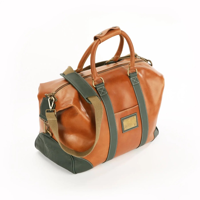 The OpusX Society Italian Leather Duffle Bag Camel and Green Green