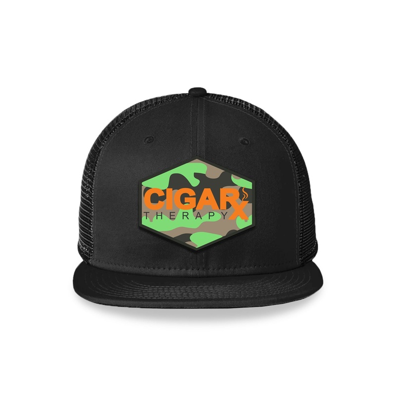 Black Flat Trucker with Orange Logo on Camo Patch Camo Patch / Orange Logo
