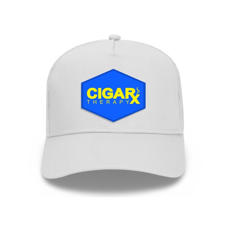 White Curved Trucker with Yellow on Blue Patch Blue Patch / Yellow Logo