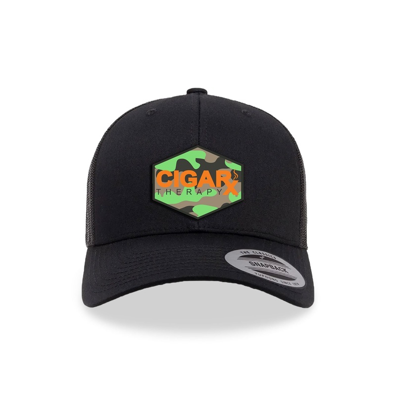Black Curved Trucker with Orange Logo on Camo Patch Camo Patch / Orange Logo