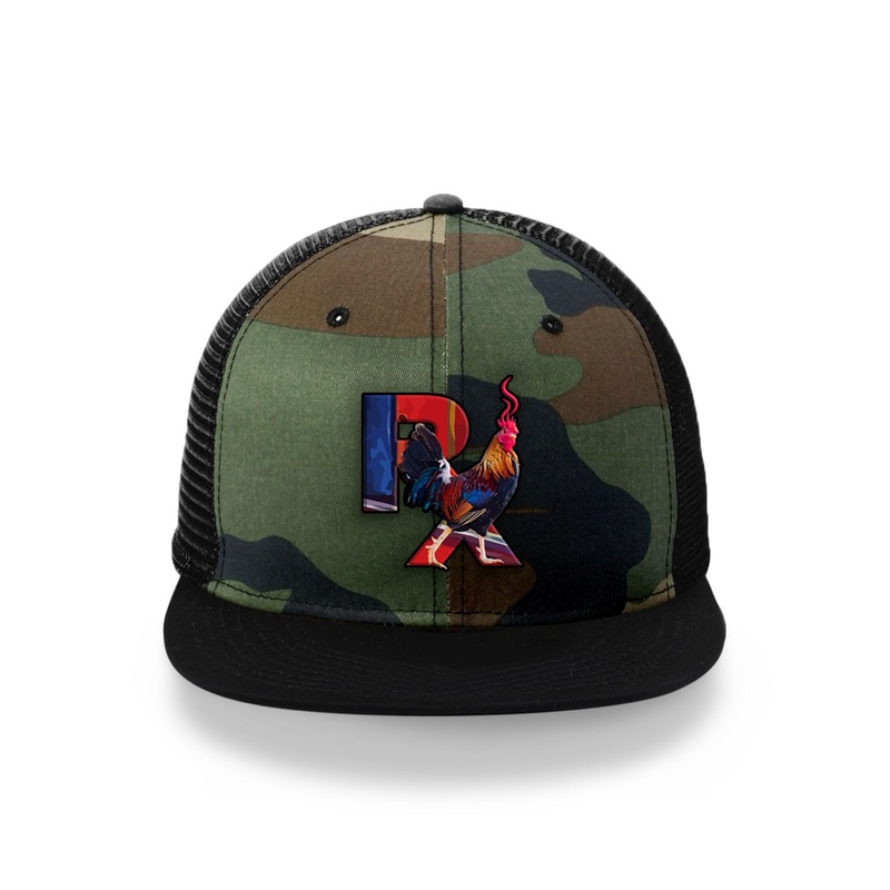 Camo Flat Trucker with Smokin Cock Patch Black Outline / Black Bill