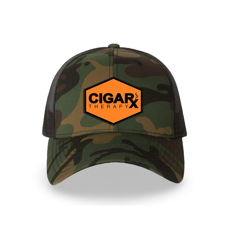 Camo Curved Trucker with Black on Orange Patch Orange Patch / Black Logo