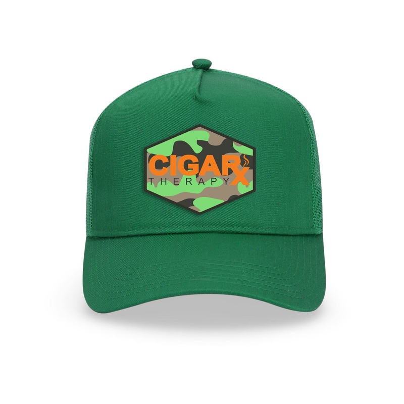 Green Curved Trucker with Orange Logo on Camo Patch Camo Patch / Orange Logo