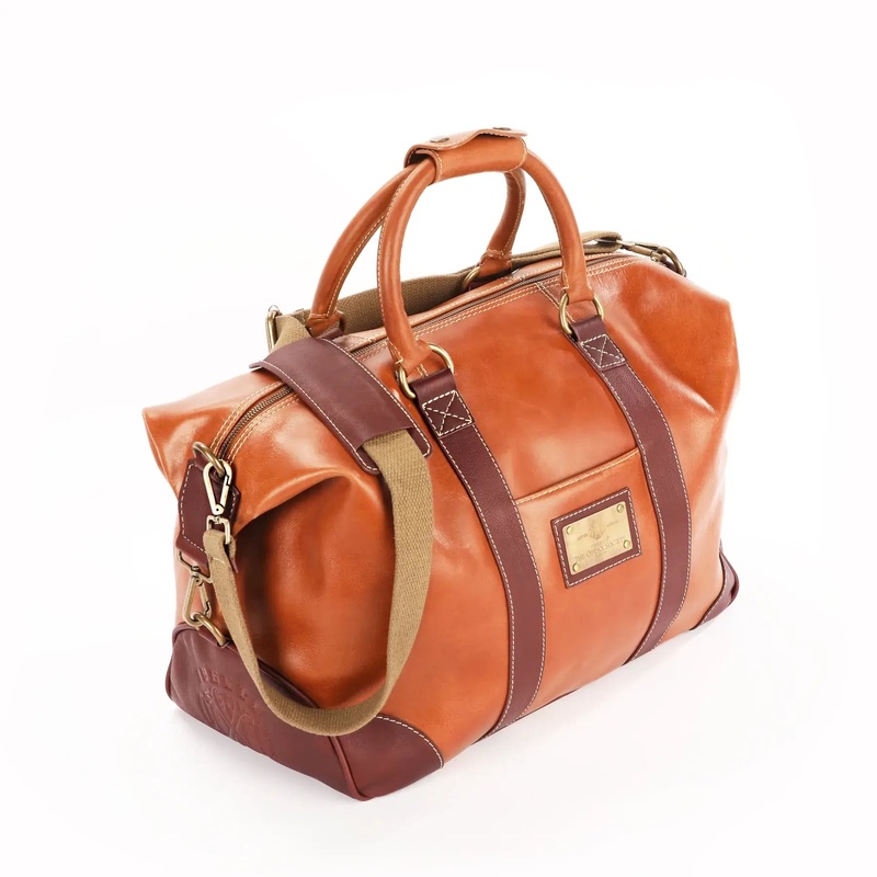 The OpusX Society Italian Leather Duffle Bag Camel and Burgundy Burgundy