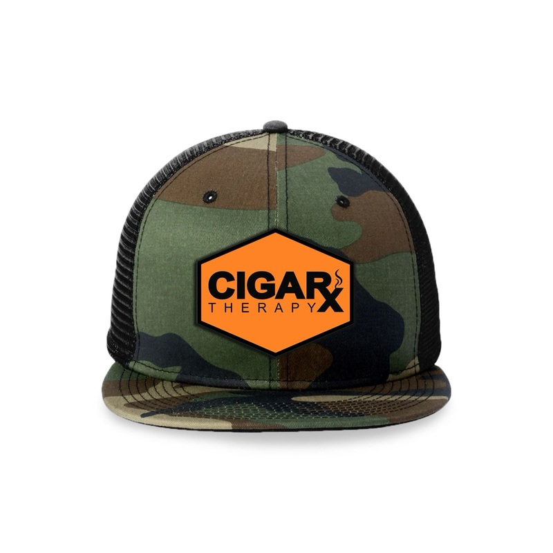 Camo Flat Trucker with Black on Orange Patch Orange / Black Logo / Black Bill
