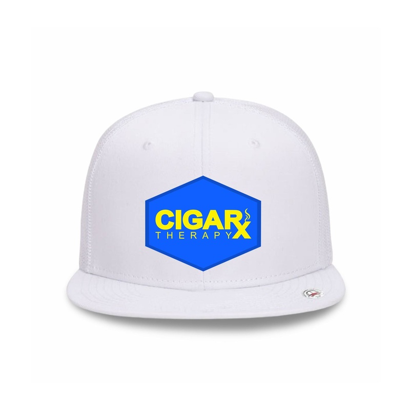 White Flat Trucker with Yellow on Blue Patch Blue Patch / Yellow Logo