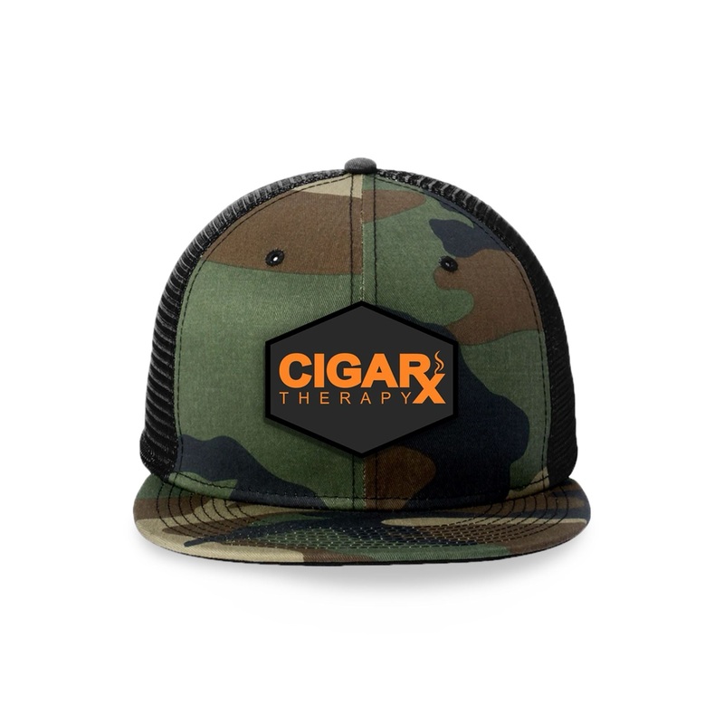 Camo Flat Trucker with Orange on Black Patch Black / Orange Logo / Black Bill