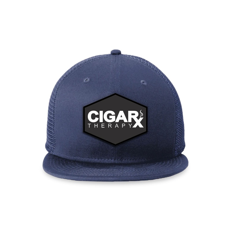 Navy Blue Flat Trucker with Black Classic Patch Black Patch / White Logo